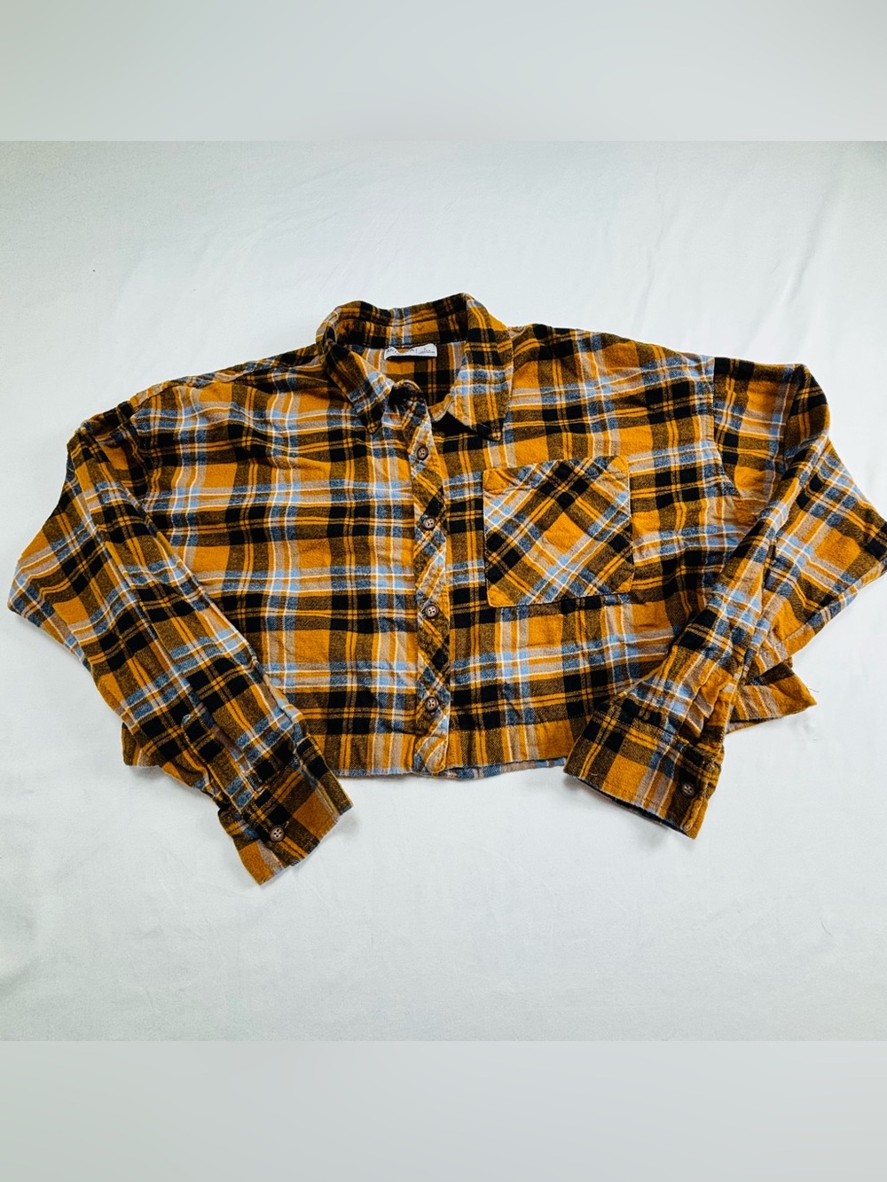 Girls' Cropped Plaid Button-Up Shirt Jacket - Yellow Black W674